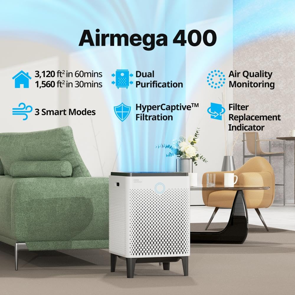 Coway Ap 2015F Airmega 400 Smart Air Purifier (Covers 1,560 Sq. Ft.), True Hepa Air Purifier With Smart Technology, White