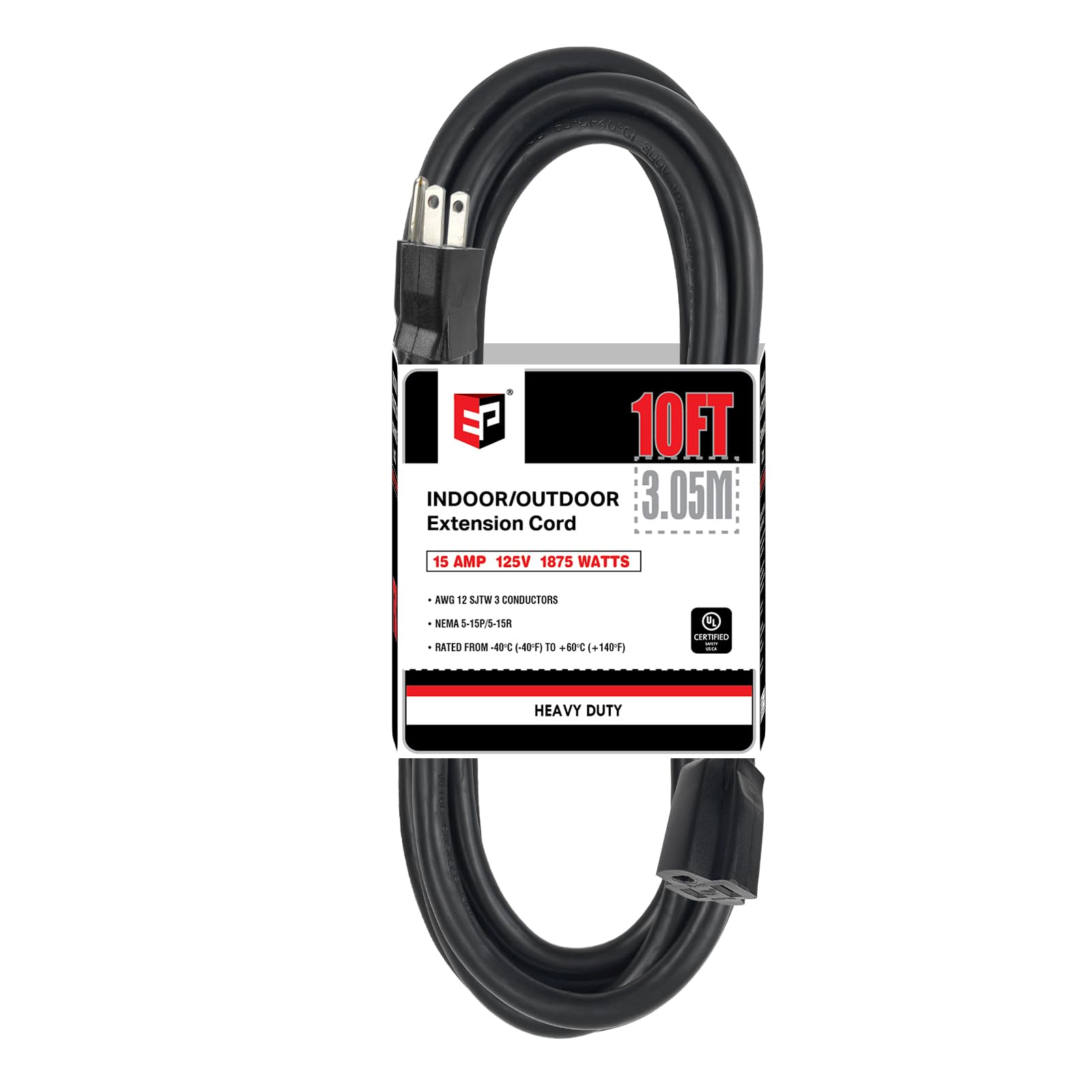 Ep 10 Ft Outdoor Extension Cord   12/3 Sjtw Heavy Duty Black Extension Cable With 3 Prong Grounded Plug   Power Cord For Lawn, G
