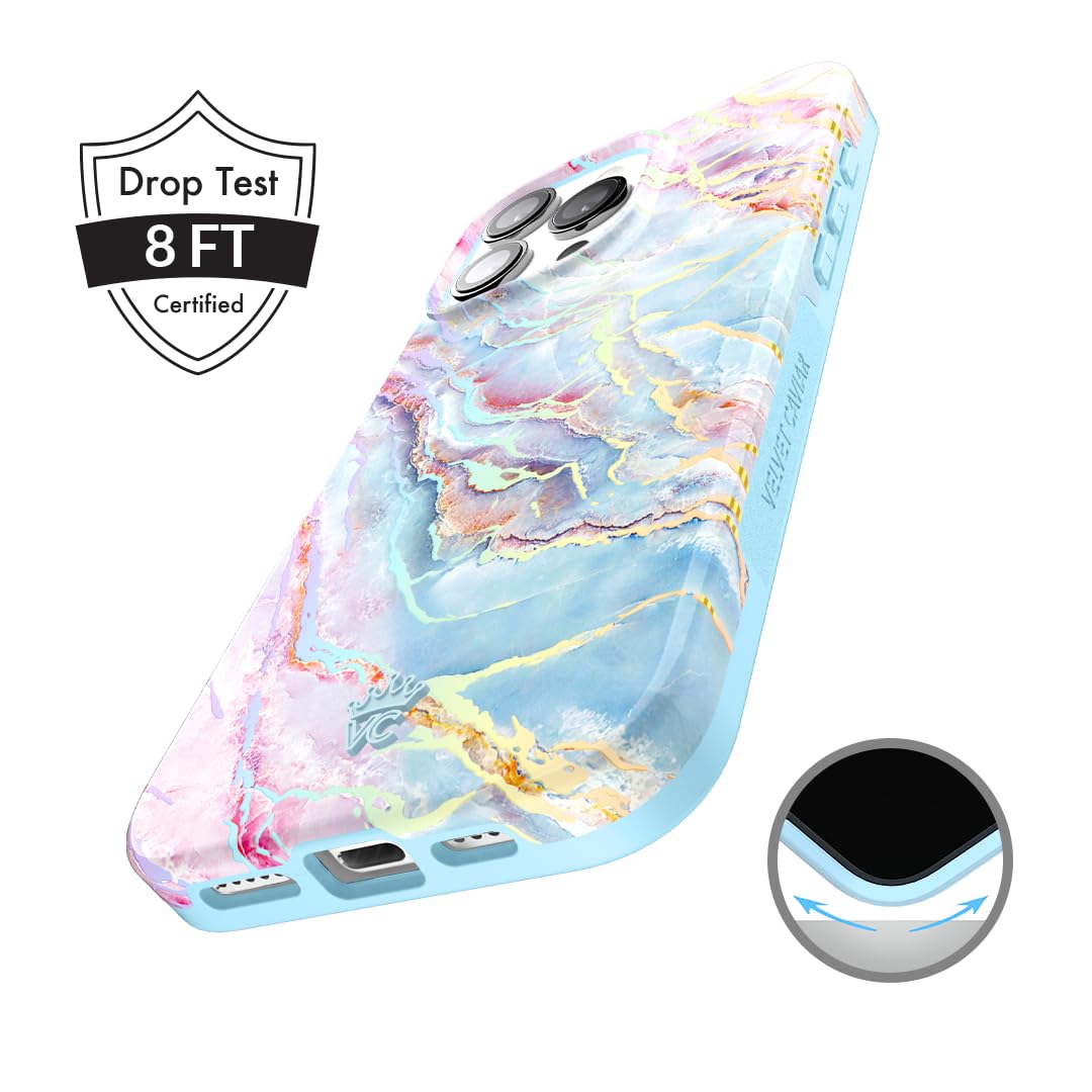 Velvet Caviar For Iphone 16 Pro Case Holographic Marble For Women [8Ft Shockproof]   Cute Phone Cover   Colorful Blue Pink