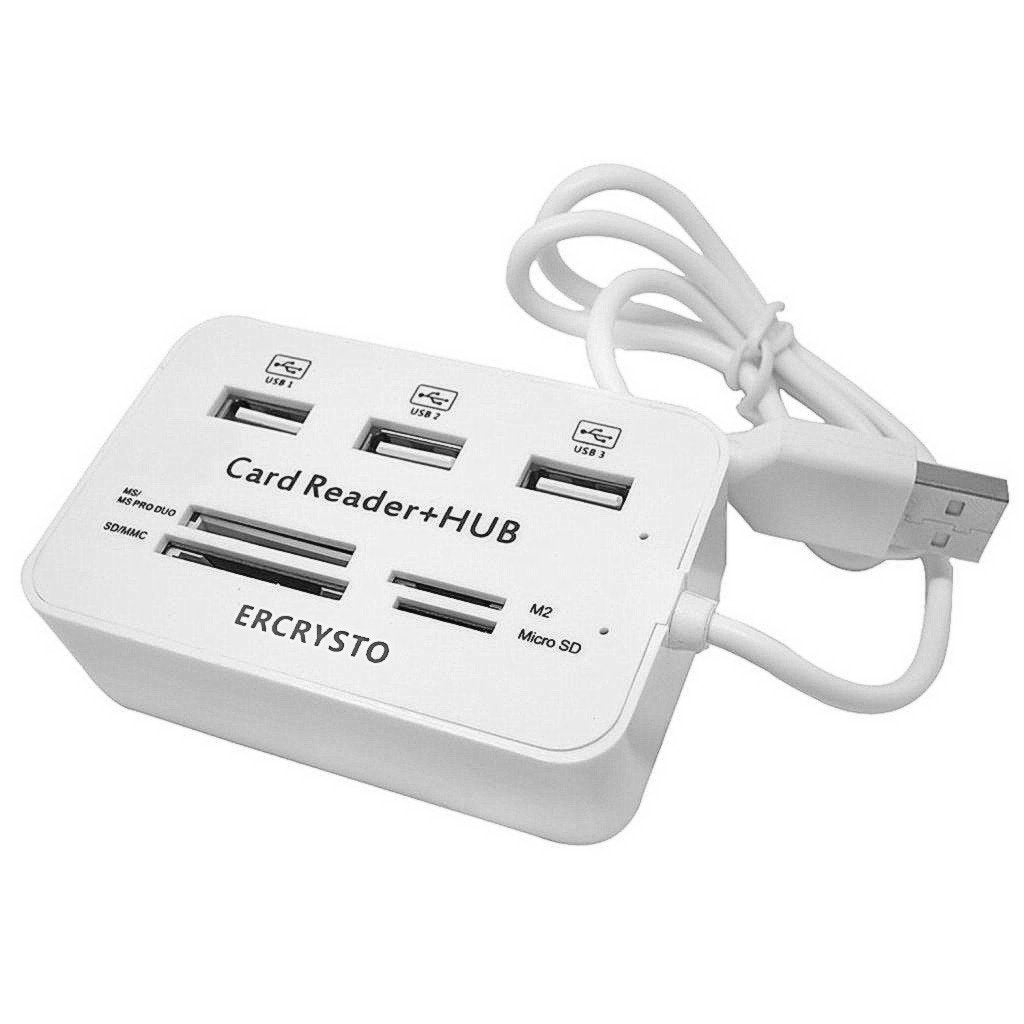 Ercrysto Card Reader And 3 Ports Usb Hub, High Speed External Memory Card Reader (Ms, Micro Sd,Sd/Mmc,M2,Tf Card), White.