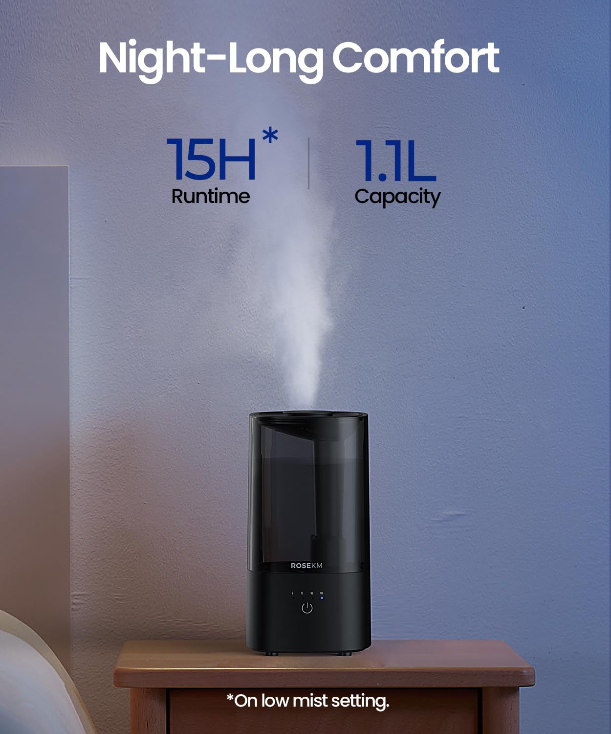 Rosekm Humidifiers For Bedroom (1.1L), Small Cool Mist Humidifier For Home Plant And Baby Nursery, Quiet Ultrasonic Humidifier W