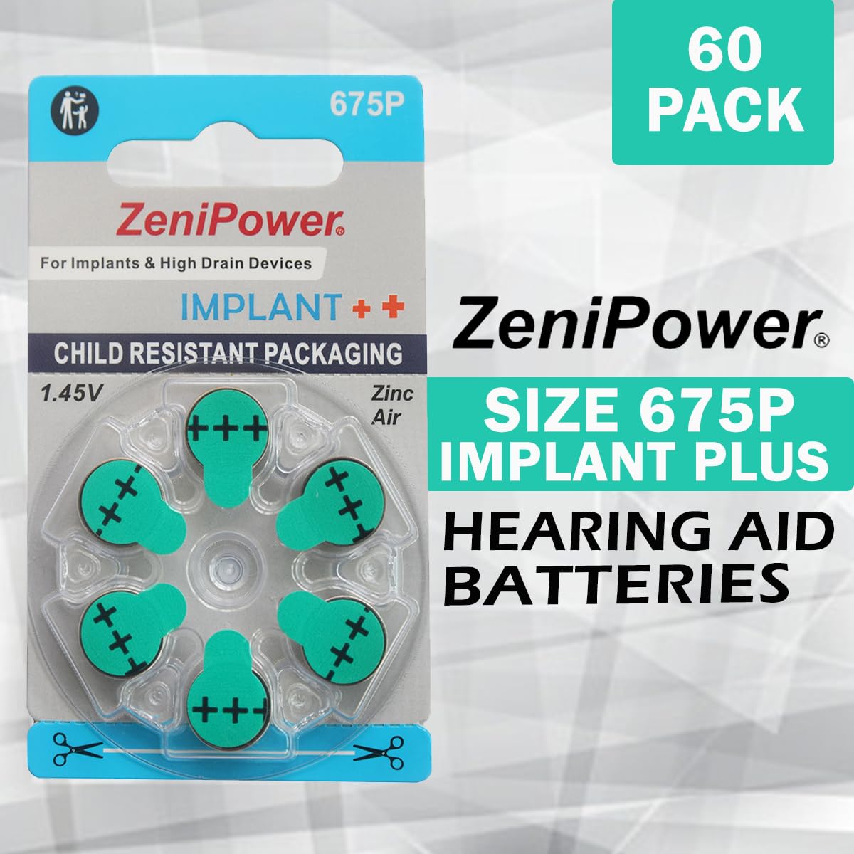 Zenipower 1.45V Hearing Aid Batteries (Size 10, 13, 312, 675, Implant Cochlear) Hearing Aid Accessories (36 Batteries, Size 675P