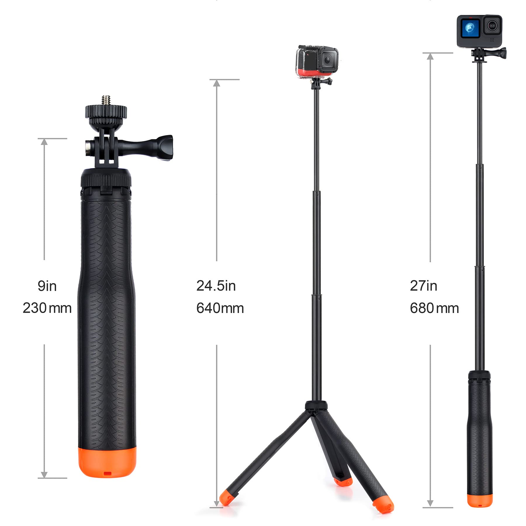 Gepuly 9'' 27''Waterproof Selfie Stick Floating Hand Grip Tripod For Gopro Hero 13 12 11 10 9 8 7 6 5 4 3 Fusion, Max, Most Action Cameras Used As Floating Tripod, Hand Grip, Selfie Stick,Tripod Stand