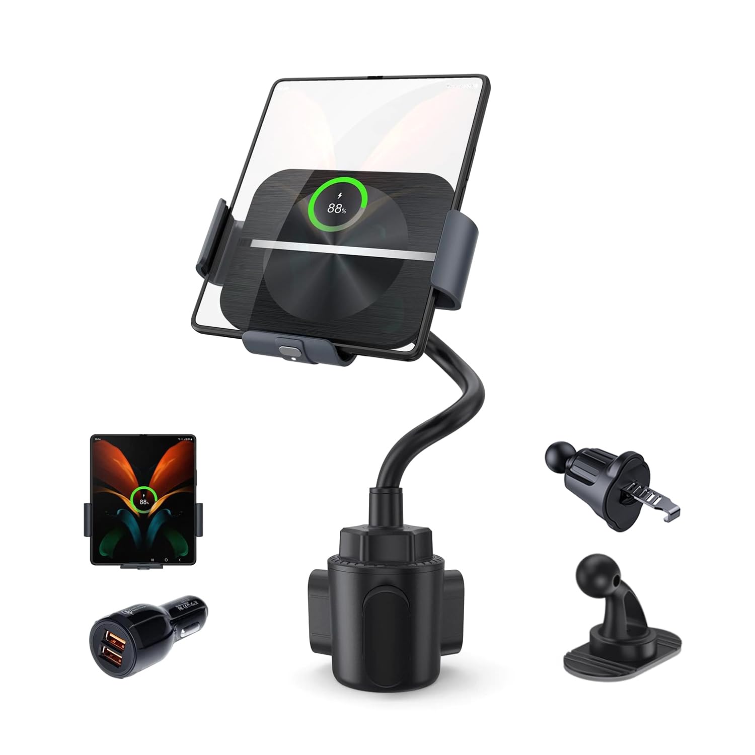 Makaqi Wireless Car Charger For Z Fold 6/5/4/3/2, Dual Coil Cup Holder Phone Mount, Wireless Car Charger For Tesla, Auto Clampin