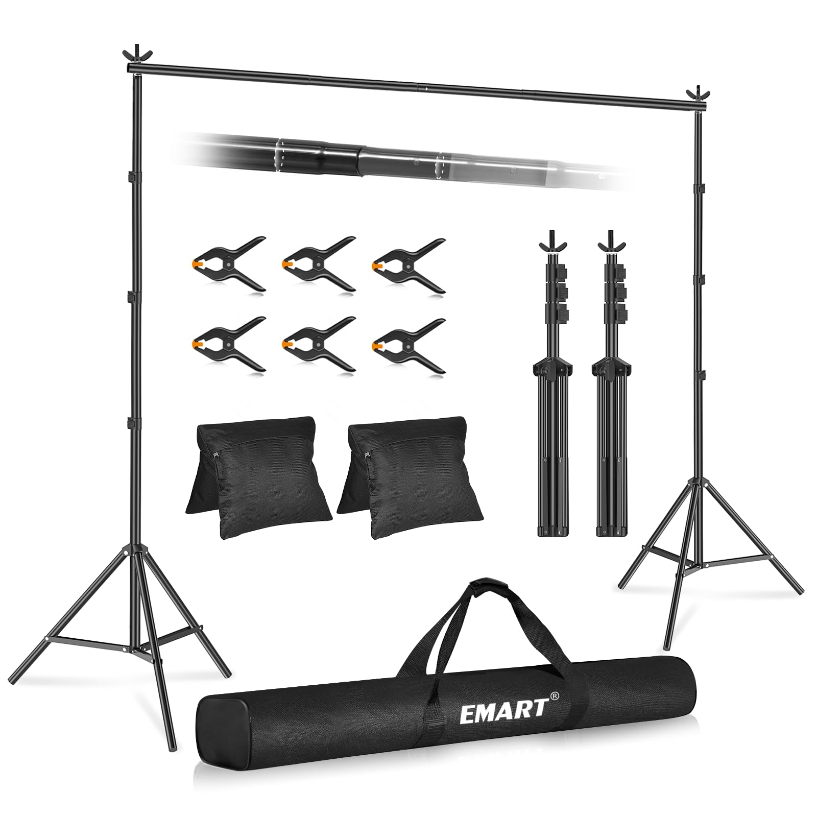 Emart Backdrop Stand 10X10Ft(Wxh) Photo Studio Adjustable Background Stand Support Kit With 2 Crossbars, 6 Backdrop Clamps, 2 Sa