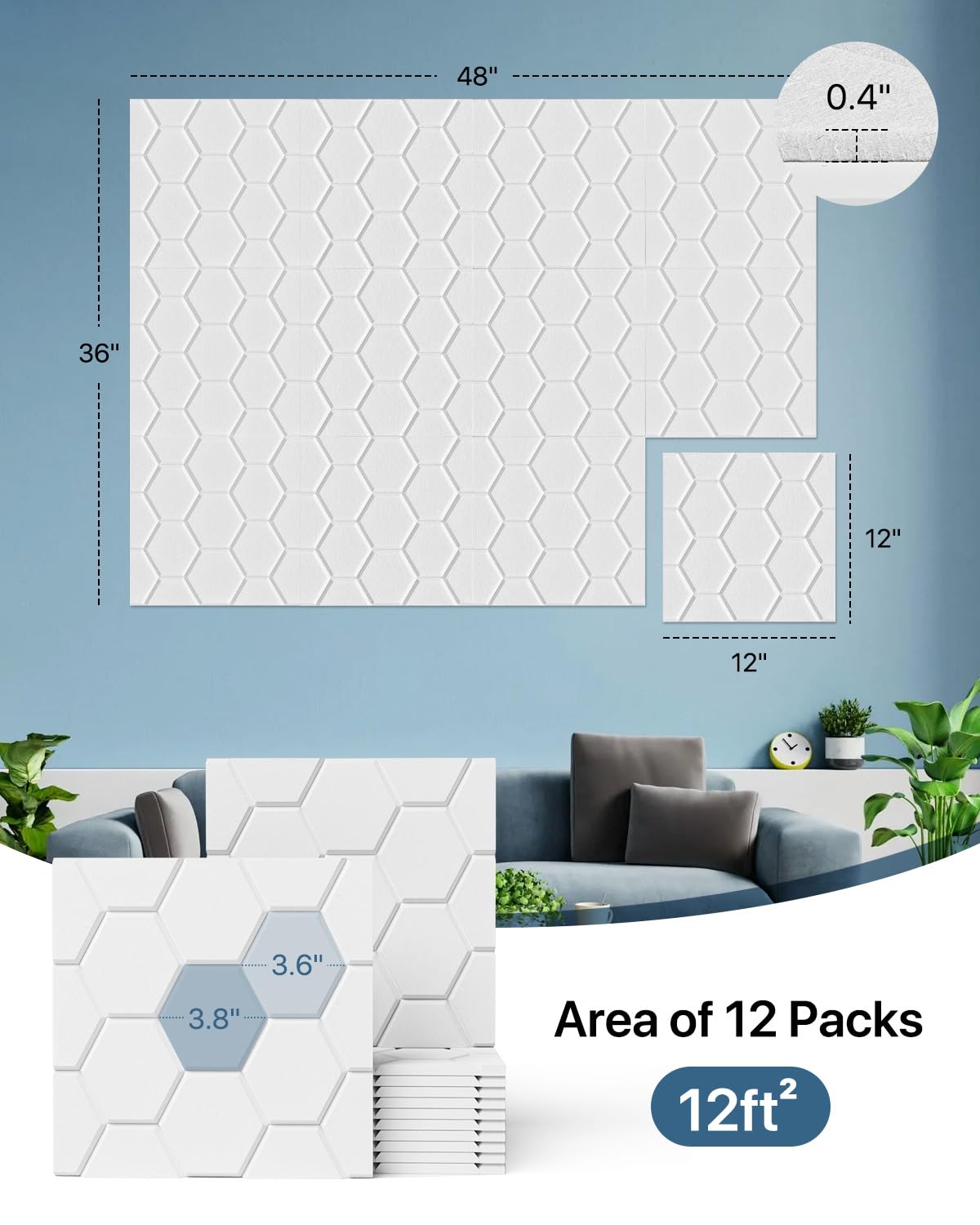 Soundproof Wall Panels, Kuchoow Acoustic Panels Sound Absorbing, 12 Pack High Density Sound Proof Panels For Walls Self Adhesive