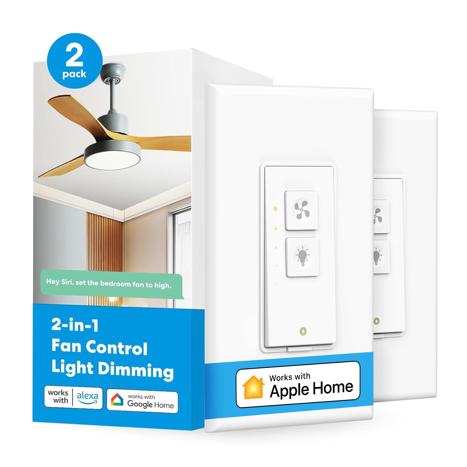 Meross Smart Ceiling Fan Control And Dimmer Switch, Supports Apple Homekit, Alexa, Google & Smartthings, 2.4G Wi Fi Fan And Ligh
