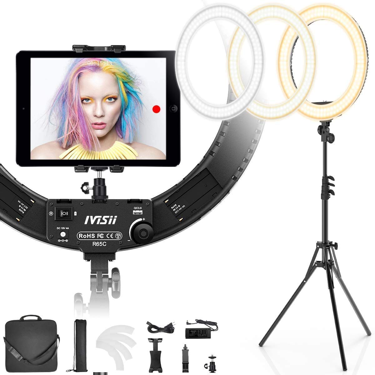 Ivisii 19 Inch Ring Light With Stand And Phone Holder,60W Bi Color Or For Live Stream/Makeup/Youtube Video/Tiktok/Zoom/Photography Black
