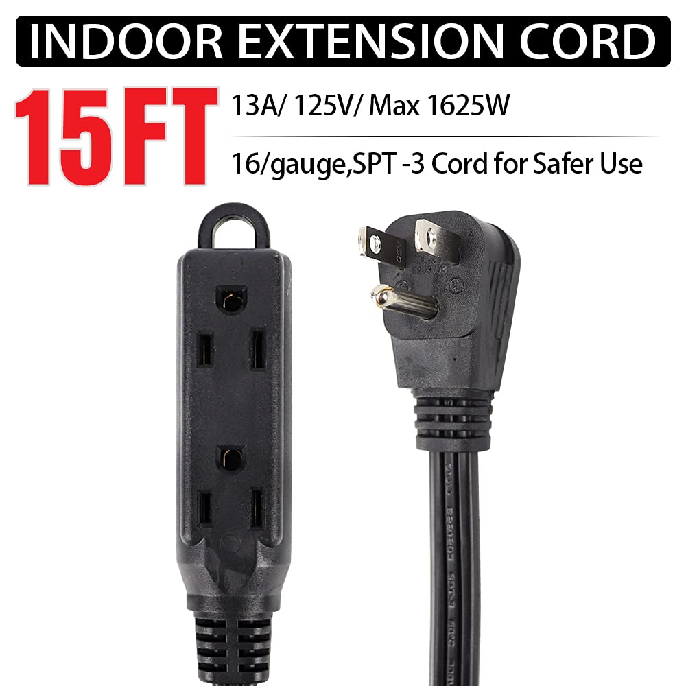 Ep 15 Ft 3 Outlet Extension Cord With Flat Plug, 3 Prong Grounded, 16/3 Spt 3 Power Cable For Indoor Use, Black, 2 Pack