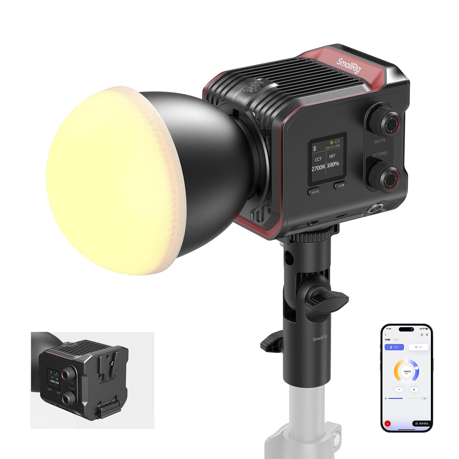 SmallRig RC 100B COB Video Light, Bi-Color Video Light 2700K-6500K, Type-C PD Fast Charging, Built-in Battery Plate, Light with 