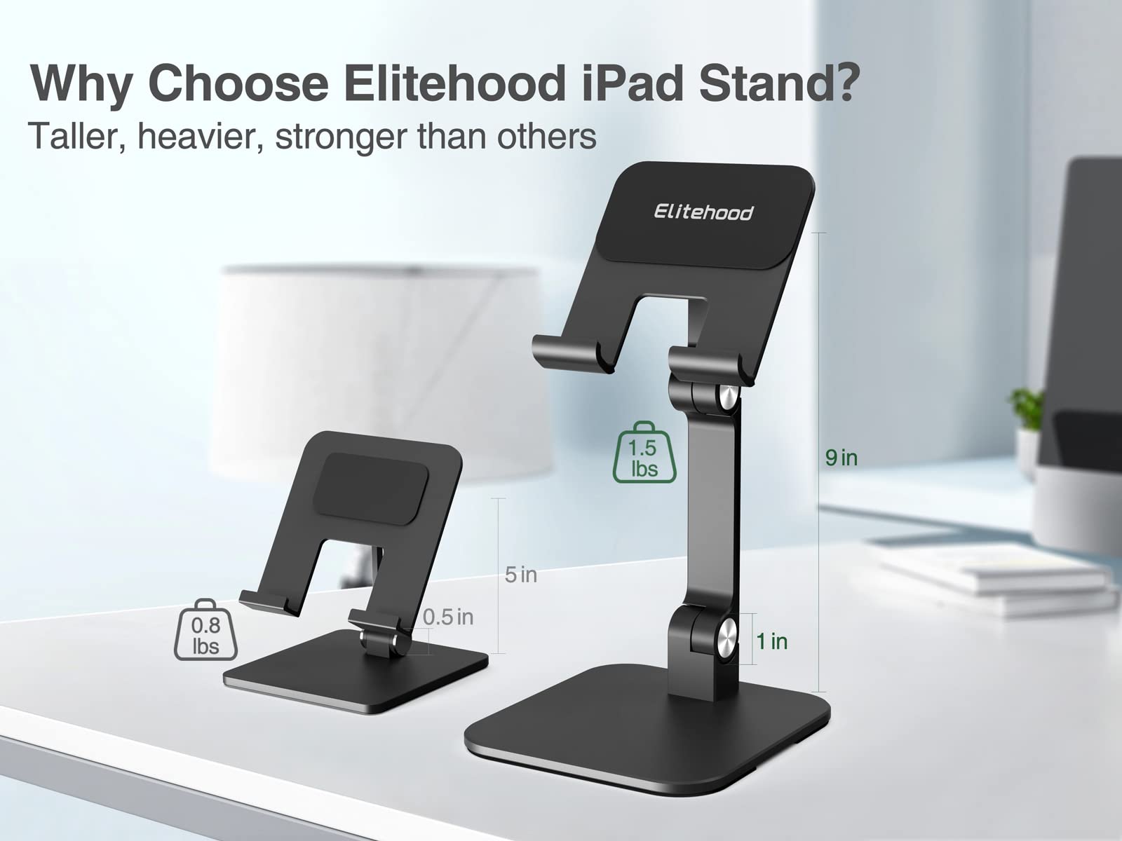 Elitehood Aluminum Ipad Stand For Desk [Ultra Stable & Sturdy], Height Adjustable Tablet Stand, Portable Tablet Holder Dock For Home Office, Compatible With Ipad Pro 12.9, Ipad Air Mini 6 5 4 3, Black