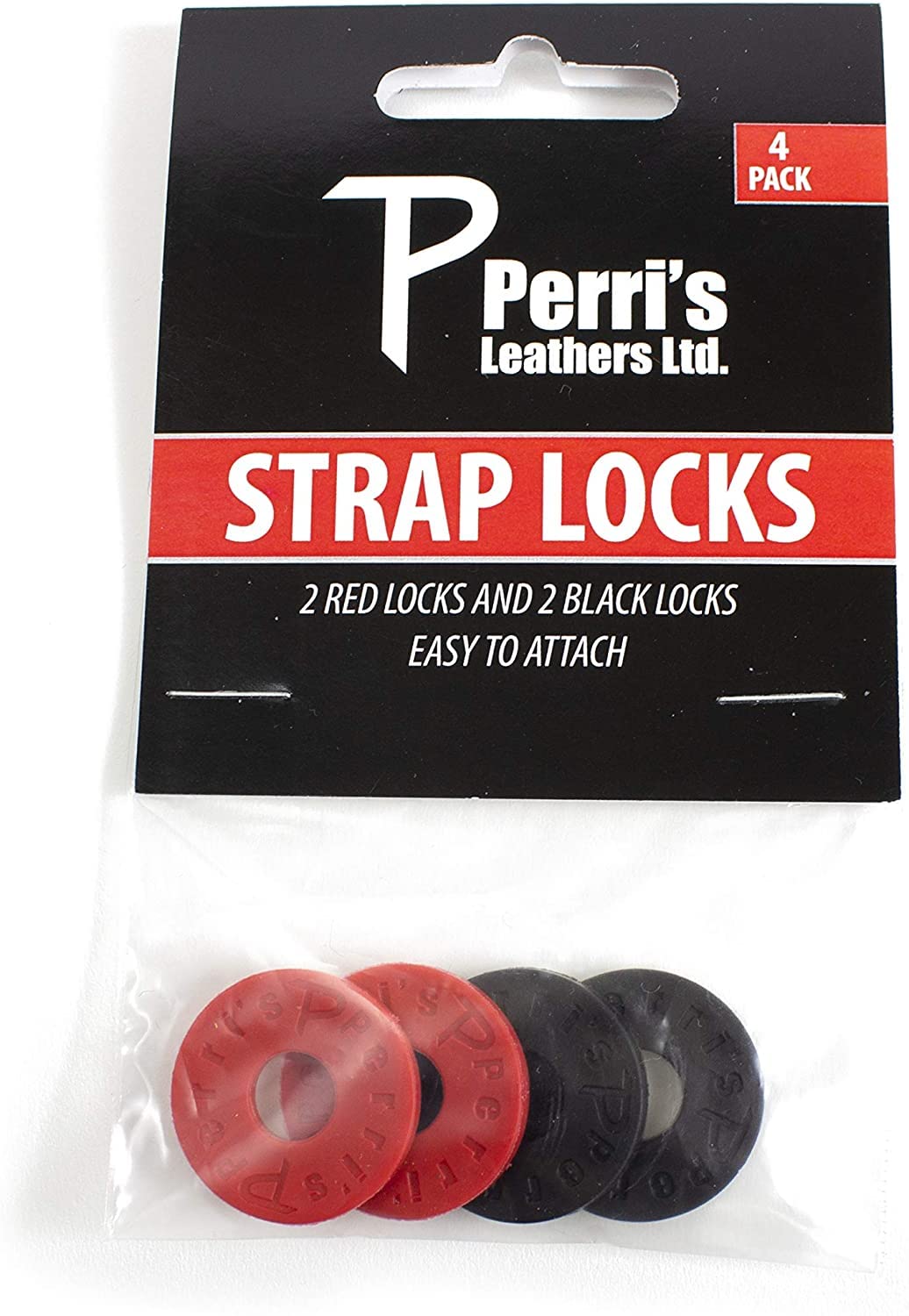 Perris Leathers Ltd. - Red & Black, Acustic Guitar Strap Lock - 4 Pack (2 Red & 2 Black), Rubber Strap Locks For Guitar Straps,