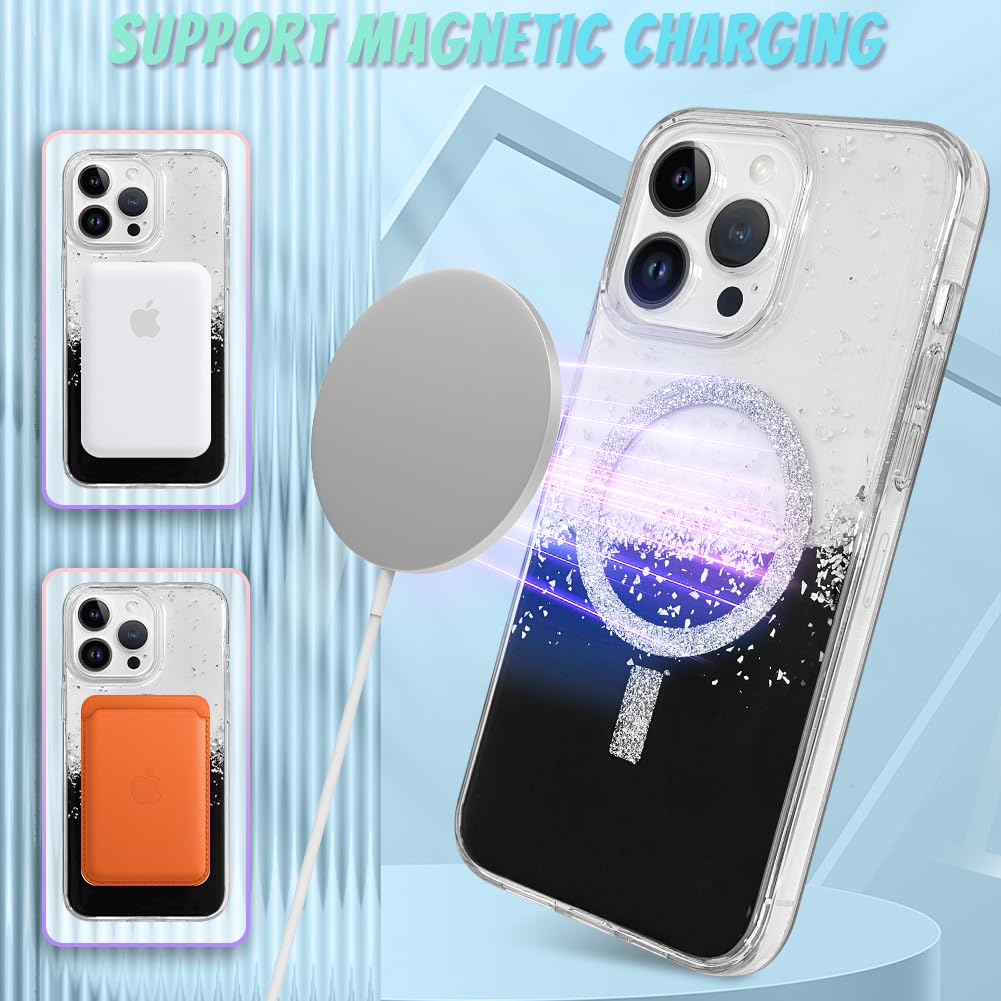 Bonoma For Iphone 14 Pro Max Case, Sparkly Glitter Bling Back, Magnetic Support For Magsafe Shockproof Case, Crystal And Clear H