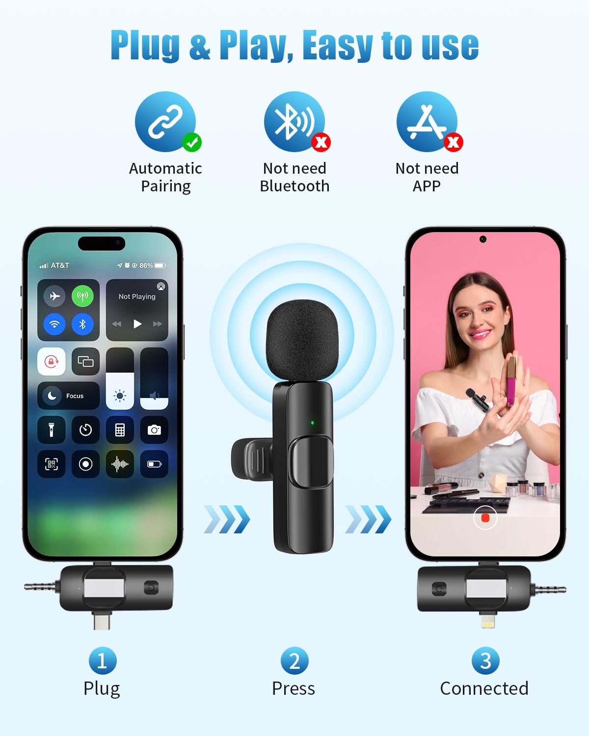 Wireless Lavalier Microphones, 4 In 1 Universal Receiver For Android Iphone Ipad Laptop & Camera, Usb C, Wireless Mini Microphon
