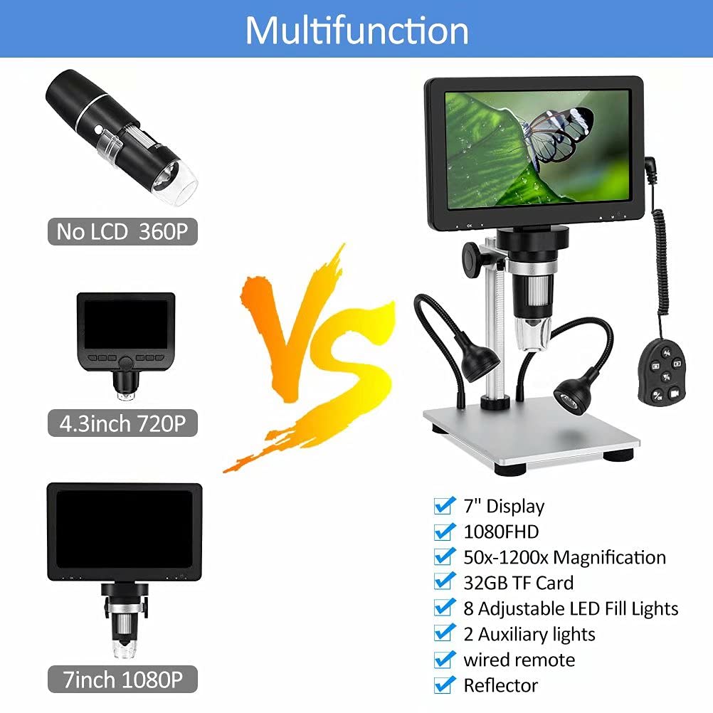 7'' Lcd Digital Microscope 1200X 12Mp Coin Microscope For Adults Video Camera With 10 Led Fill Lights Pcb Soldering Kids, Metal