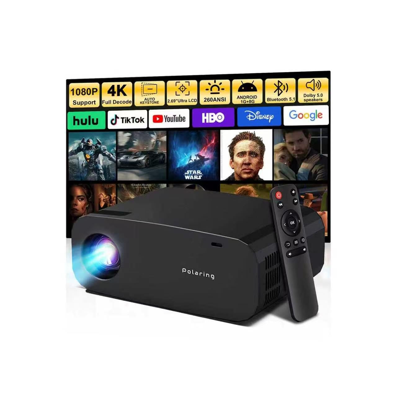 Black Smart Movie Mini Projector with WiFi and Bluetooth Builtin Apps