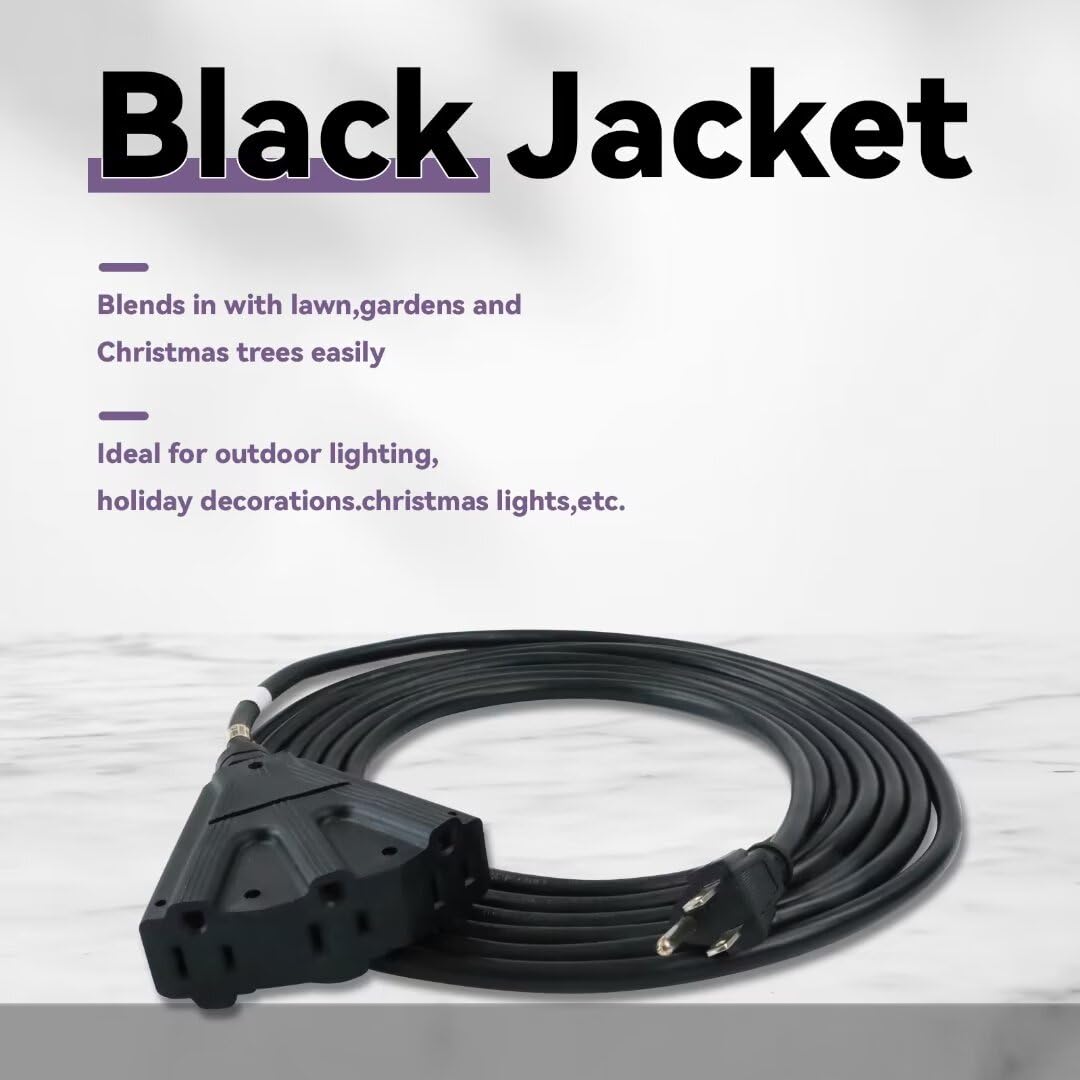 Greatide 10 Ft Outdoor Extension Cord With 3 Electrical Power Outlets   16/3 Sjtw Black Cable With 3 Prong Grounded Plug