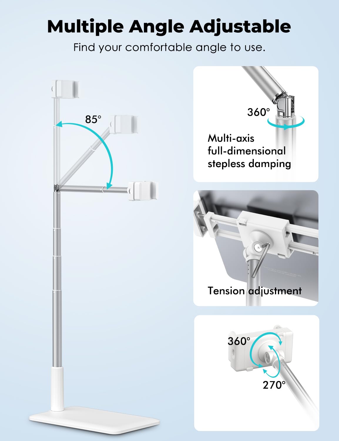 Viozon Tablet Floor Stand Flexible Long Arm Tablet&Phone Holder,360� Angle Adjustable, Aluminum Alloy, Bedside,Sofaside,Table,Desk,Compatible with iPad,Kindle, iPhone 16 15 Plus/Pro Max (3.5'' 11'')