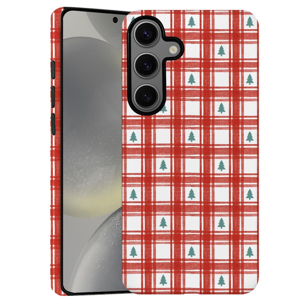 TnXee Case for Samsung Galaxy S24 FE,Christmas Tree Red Gingham Pattern Phone Case Drop Resistant Frosted 2 in 1 Solid Dual-Laye