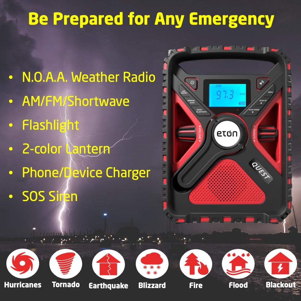 Eton Quest Hand Crank Noaa Weather Radio, All Band Emergency Radio, Am/Fm Shortwave Storm Radio, Bluetooth, Ambient Light, Phone