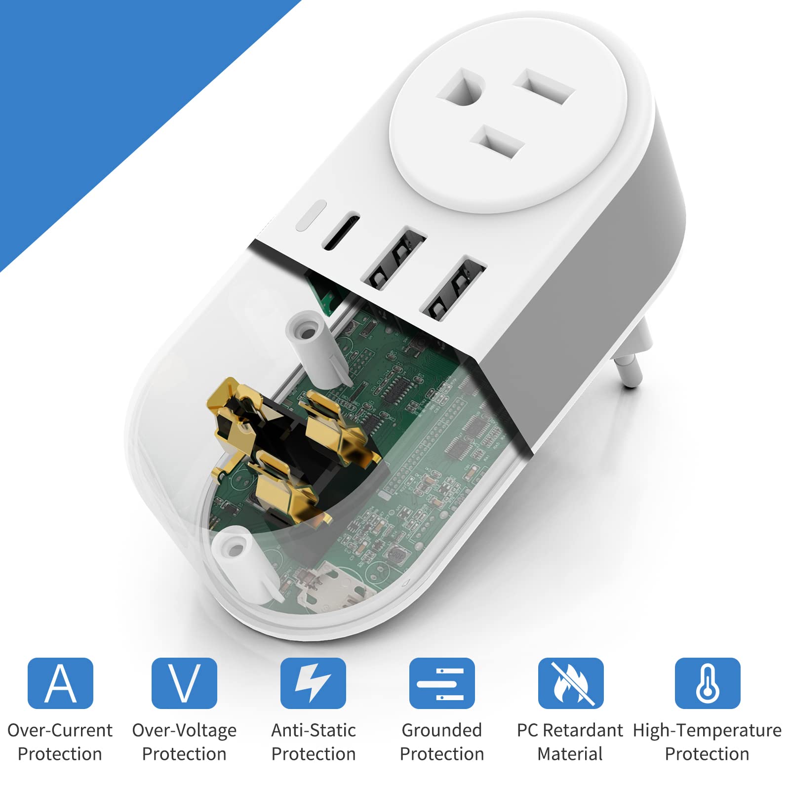 European Travel Plug Adapter For Europe & Uk, Chuafiur International Power Plug With 2 Ac Outlet And 3 Usb Ports, Type C Adapter