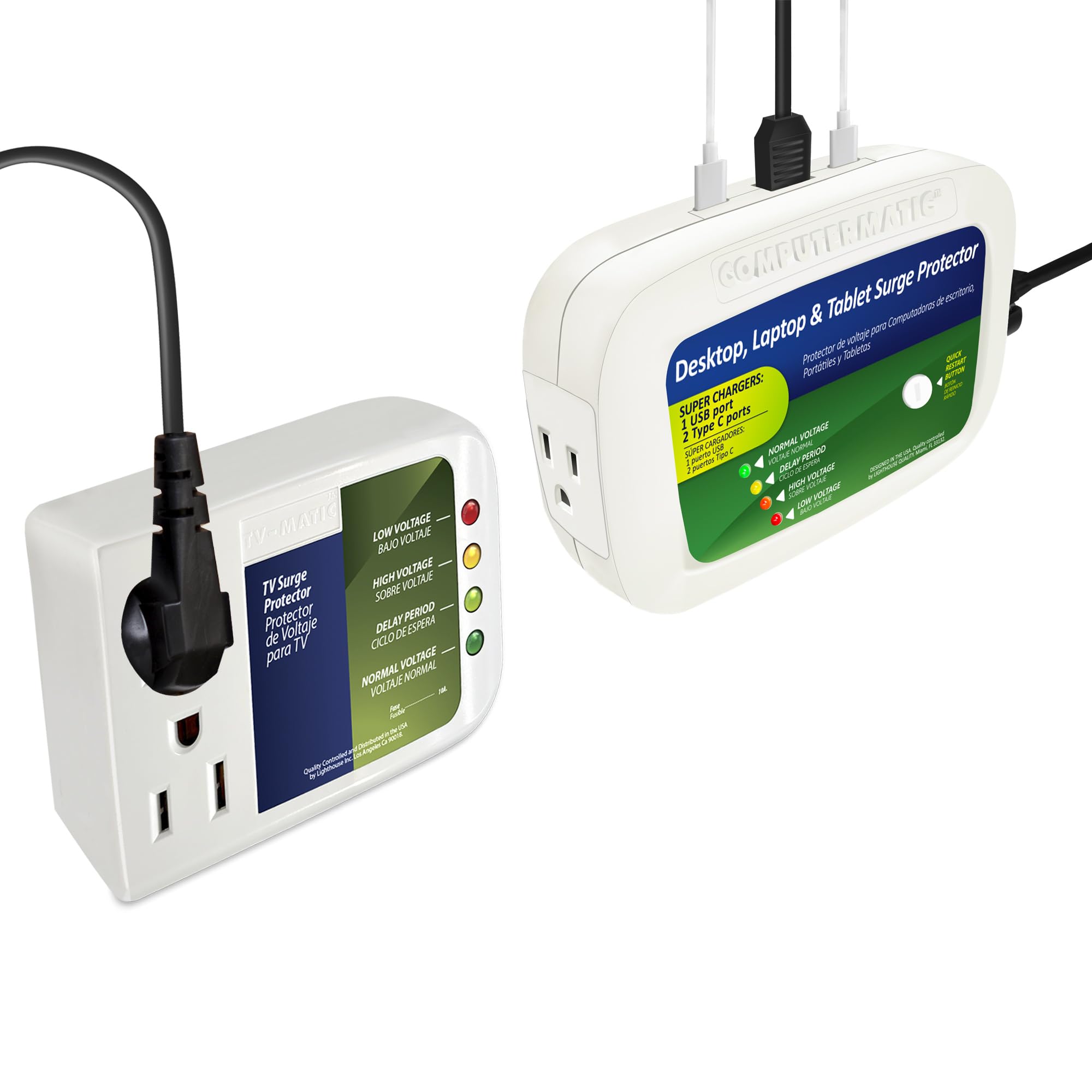 Two Electronic Voltage And Surge Protector Combo For Your Devices: Computermatic Charging Brick For Computers/Tv Matic For Tv, And Game Consoles