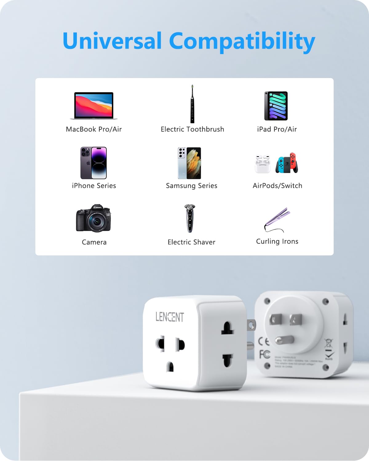 Lencent 2 Pack Eu To Us Plug Adapter, European To Usa Outlet Adaptor, Travel From Europe To American Outlet, 3 Outlet Extender,