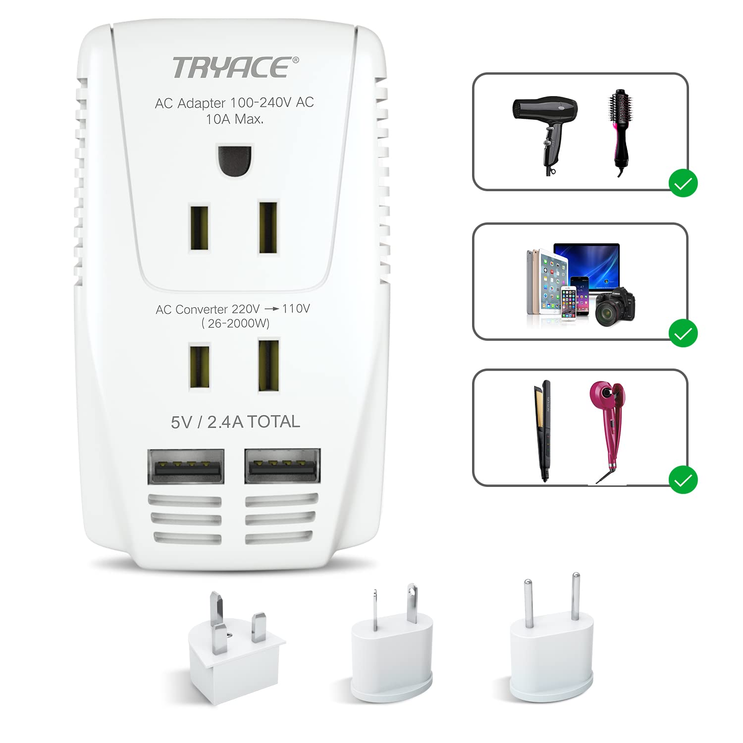 Tryace 2000W Travel Voltage Converter Step Down 220V To 110V Power Converter For Hair Dryer Straightener Curling Iron, 10A Power