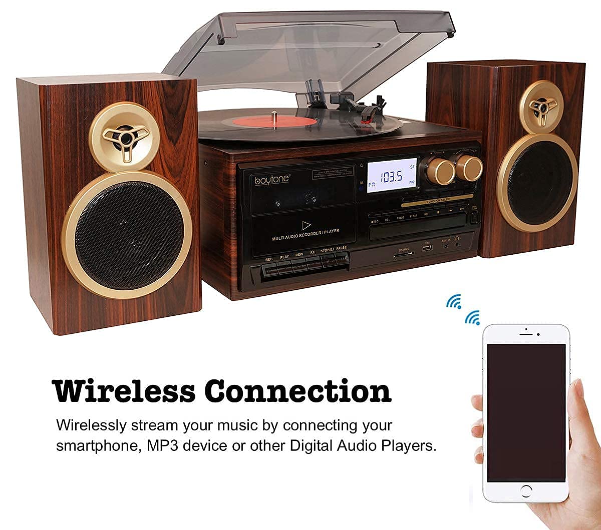 Boytone Bt 28Spm, Bluetooth Classic Style Record Player Turntable With Am/Fm Radio, Cd / Cassette Player, 2 Separate Stereo Spea