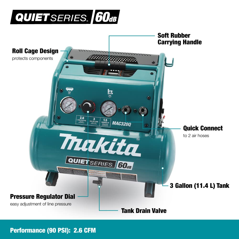 Makita Mac320Q Quiet Series 1 1/2 Hp, 3 Gallon, Oil Free, Electric Air Compressor