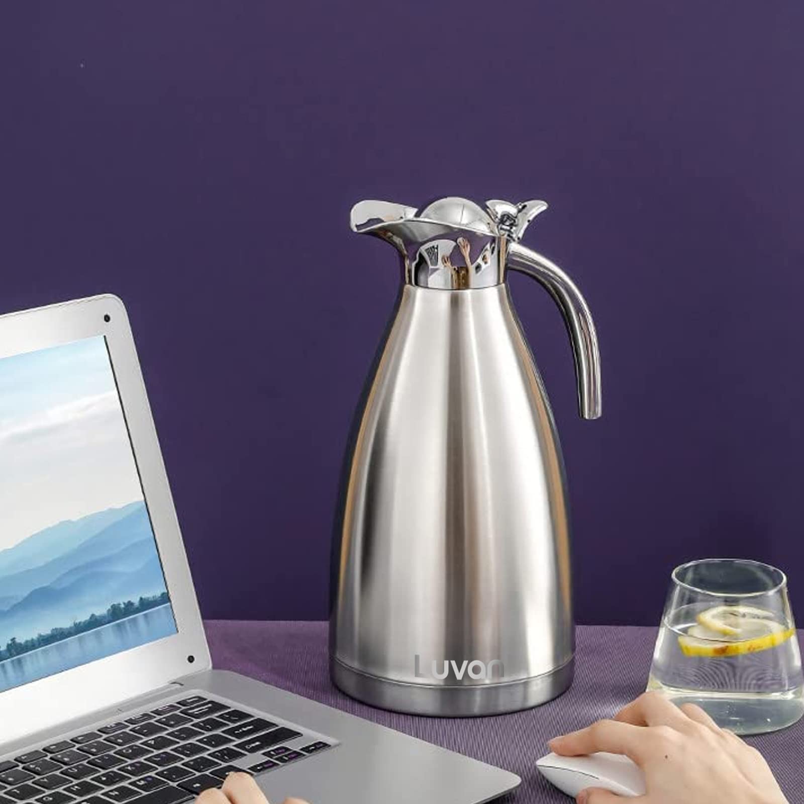 Luvan Stainless Steel Thermal Carafe 68oz - Double Walled, Press Button Top, BPA Free, 12+ Hrs Heat & Cold Retention, Silver
