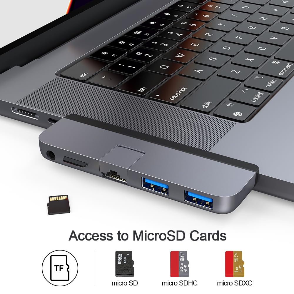 Qwiizlab Usb C Hub 5 In 1 Adapter, Gigabit Ethernet, Usb 3.0 Port, Microsd Reader, 3.5Mm Audio For 2024/23/22/21 14/16 Inch Macb