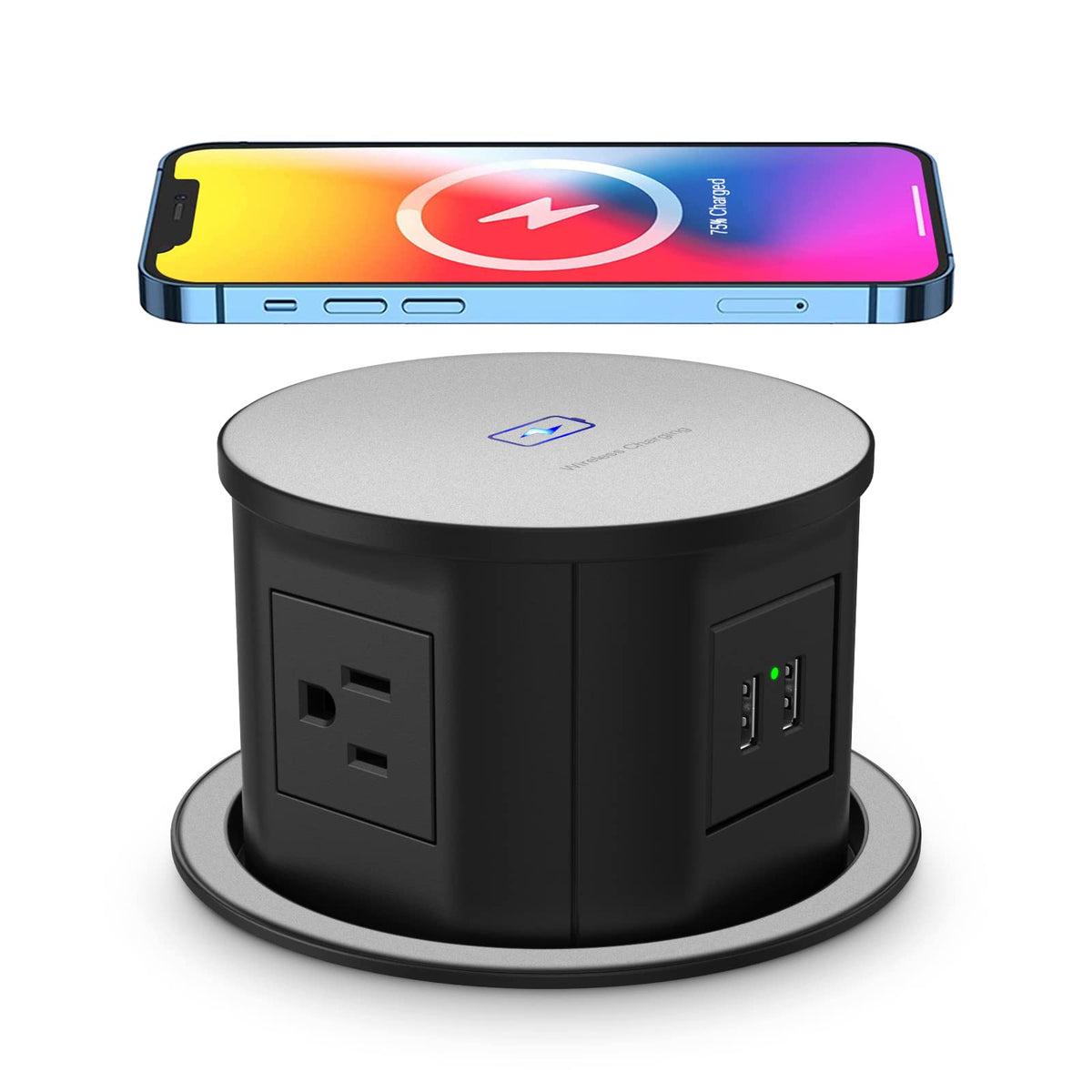 Automatic Pop Up Power Outlet With 15W Wireless Charger,Pop Up Electrical Outlets For Countertops,4.7'' Diameter Round Pop Up Co