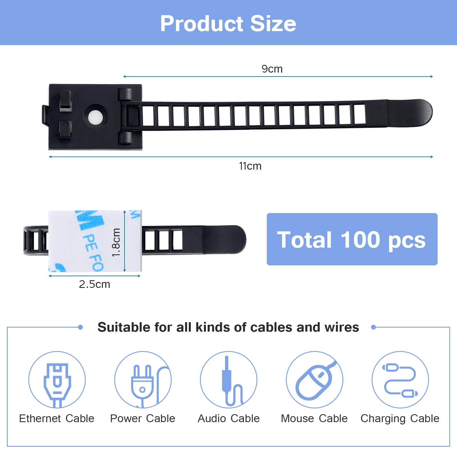 Fippy 100Pcs Adjustable Adhesive Cable Ties Cable Clips, Self Adhesive Nylon Cable Straps, Adhesive Cable Management Clips For W