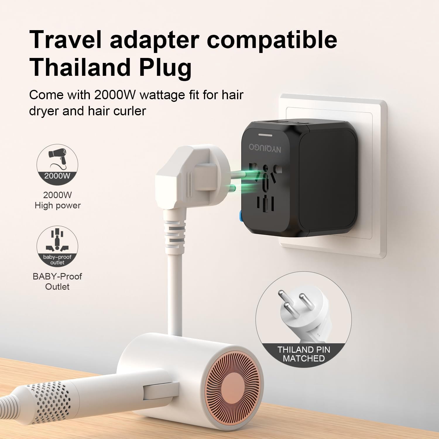Nyqiugo Universal International Power Travel Plug Adapter With 3 Usb Ports (1 Usb C), Worldwide Plug Adaptor Wall Charger For Us