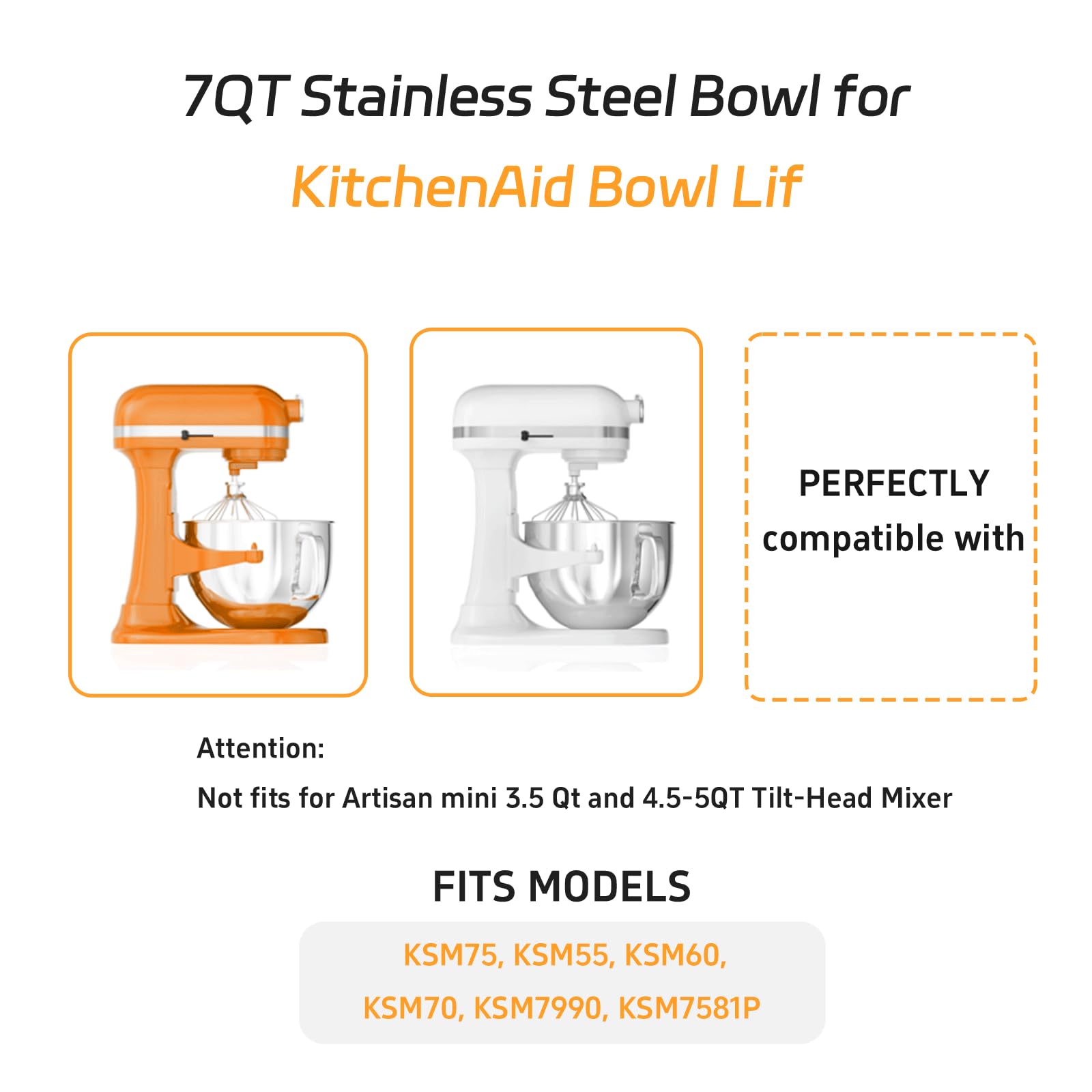 7Qt Stainless Steel Mixer Bowl For Kitchenaid Stand Mixers, Kitchen Aid Mixing Replacement Bowl For 7Qt Lift Mixer With Handle,