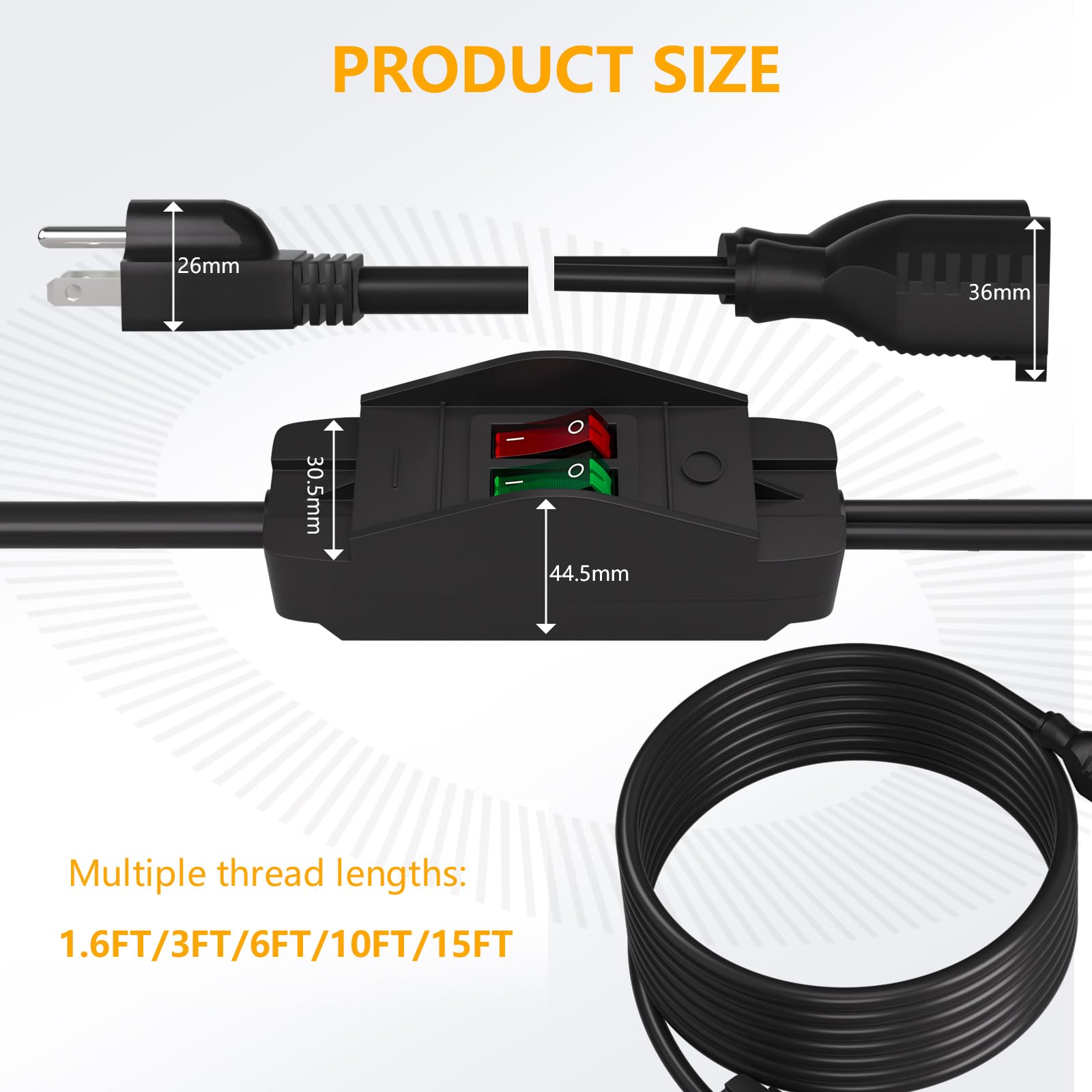 Starelo 2 Way 3 Prong Extension Cord With On/Off Switch,3 Prong,Y Splitter, Pimary 14Awg 15A/125V And Secondary 18Awg 10A/125V W