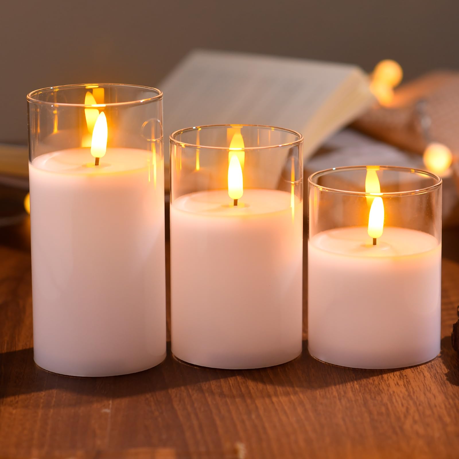 Glass Battery Operated Led Pillar Flameless Candles With10-Key Remote And Timer, Real Wax Candles Warm Color Wick Flickering Lig
