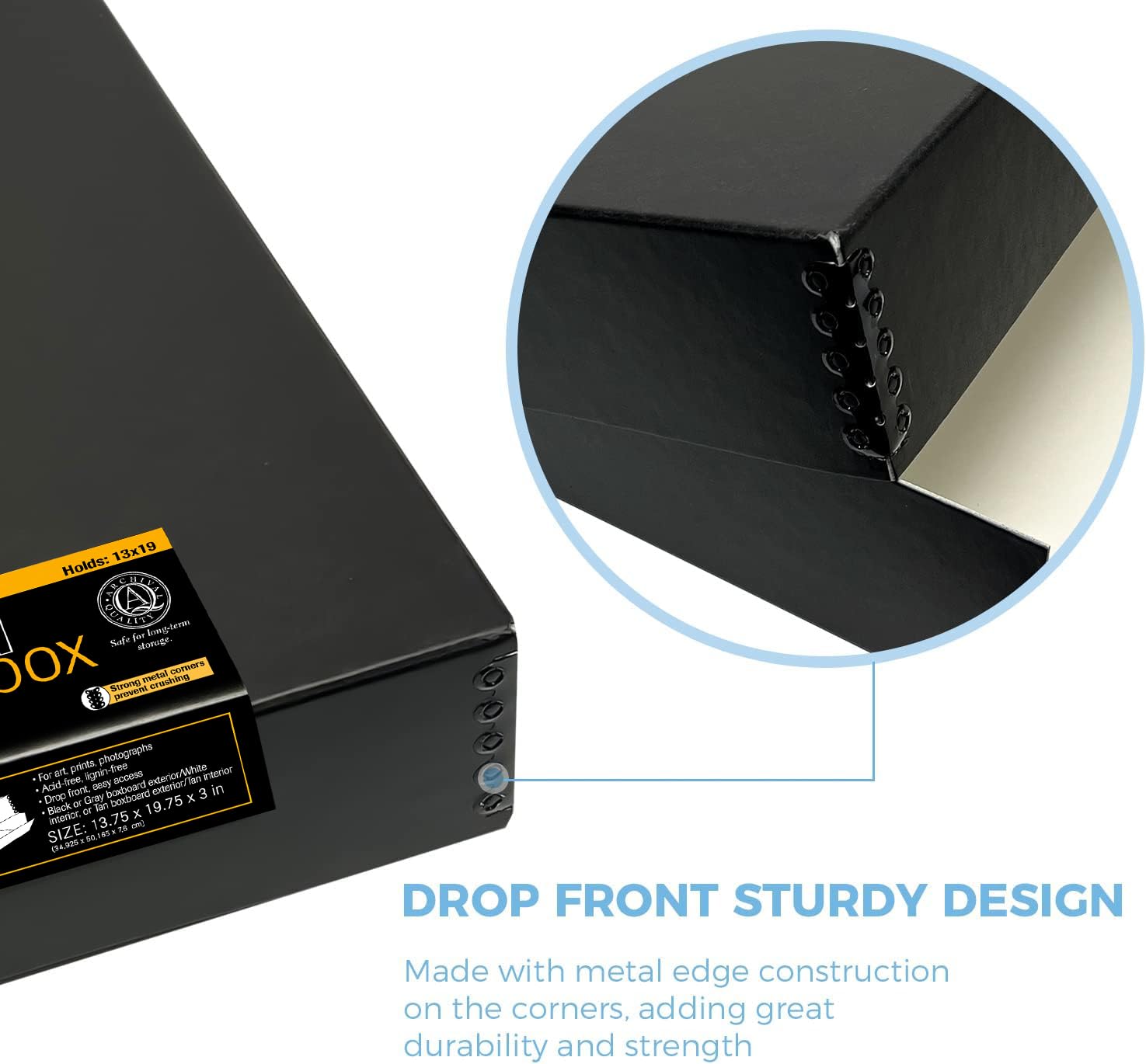 Lineco 13X19 Black Museum Storage Box, Removable Lid And Drop Front Design, 13.5 X 19.5 X 3 In Archival With Metal Edge, For Picture Longevity, Photos, Document, Crafts, Paper Art Print