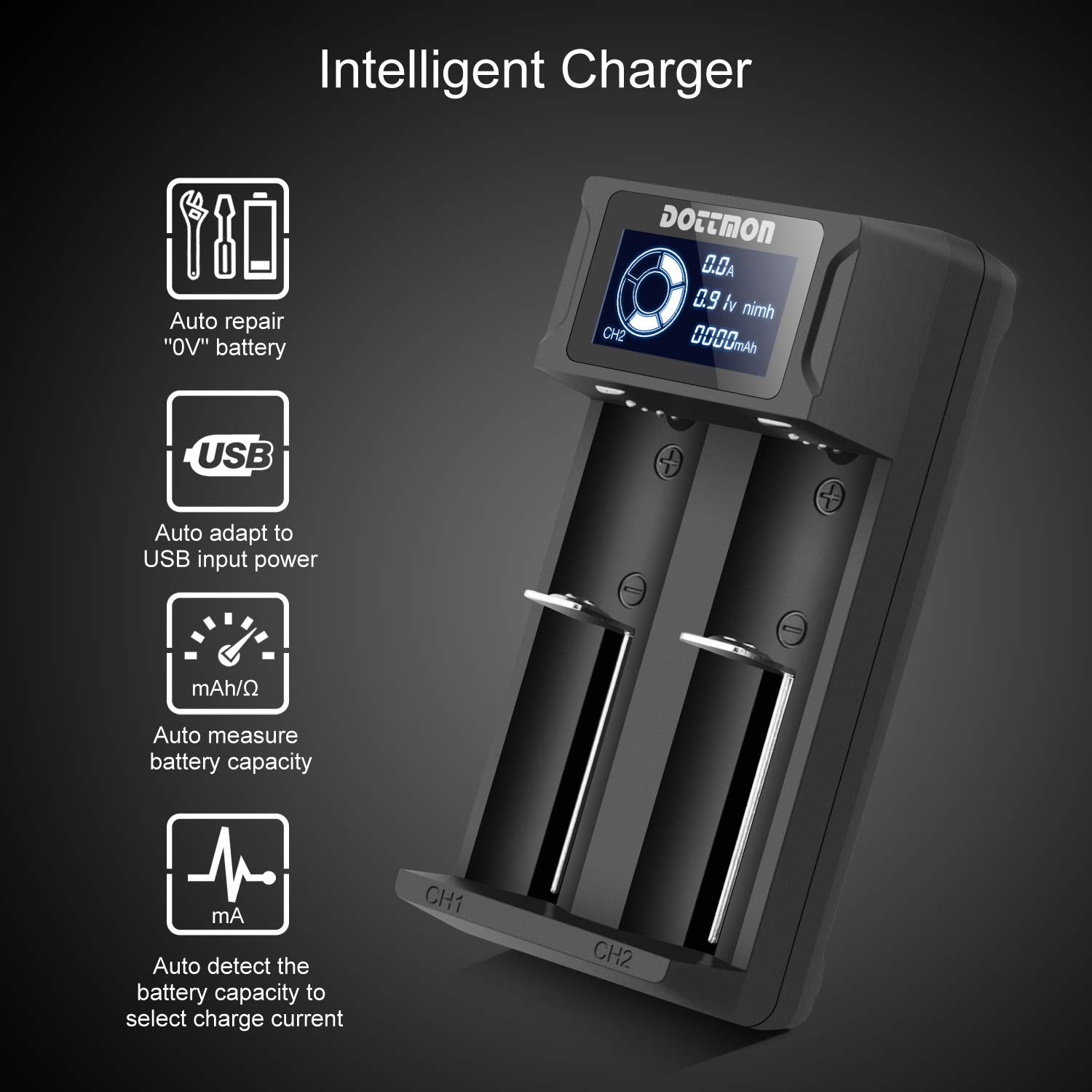 Intelligent Dottmon Lcd Display Universal Battery Charger For Rechargeable Batteries Li Ion 18650 18490 18350 17670 17500 16340(Rcr123) 14500 26650 21700, Ni Mh/Ni Cd A Aa Aaa Sc C D Batteries