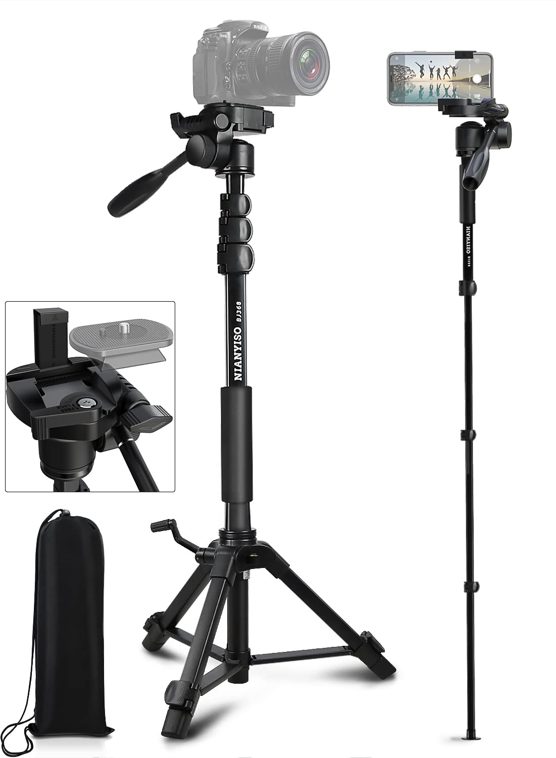 Camera Tripod 69 Inch, Patented 3 Way Swivel Portable Phone Tripod Professional Aluminum Alloy Travel Phone Camera Stand Monopod