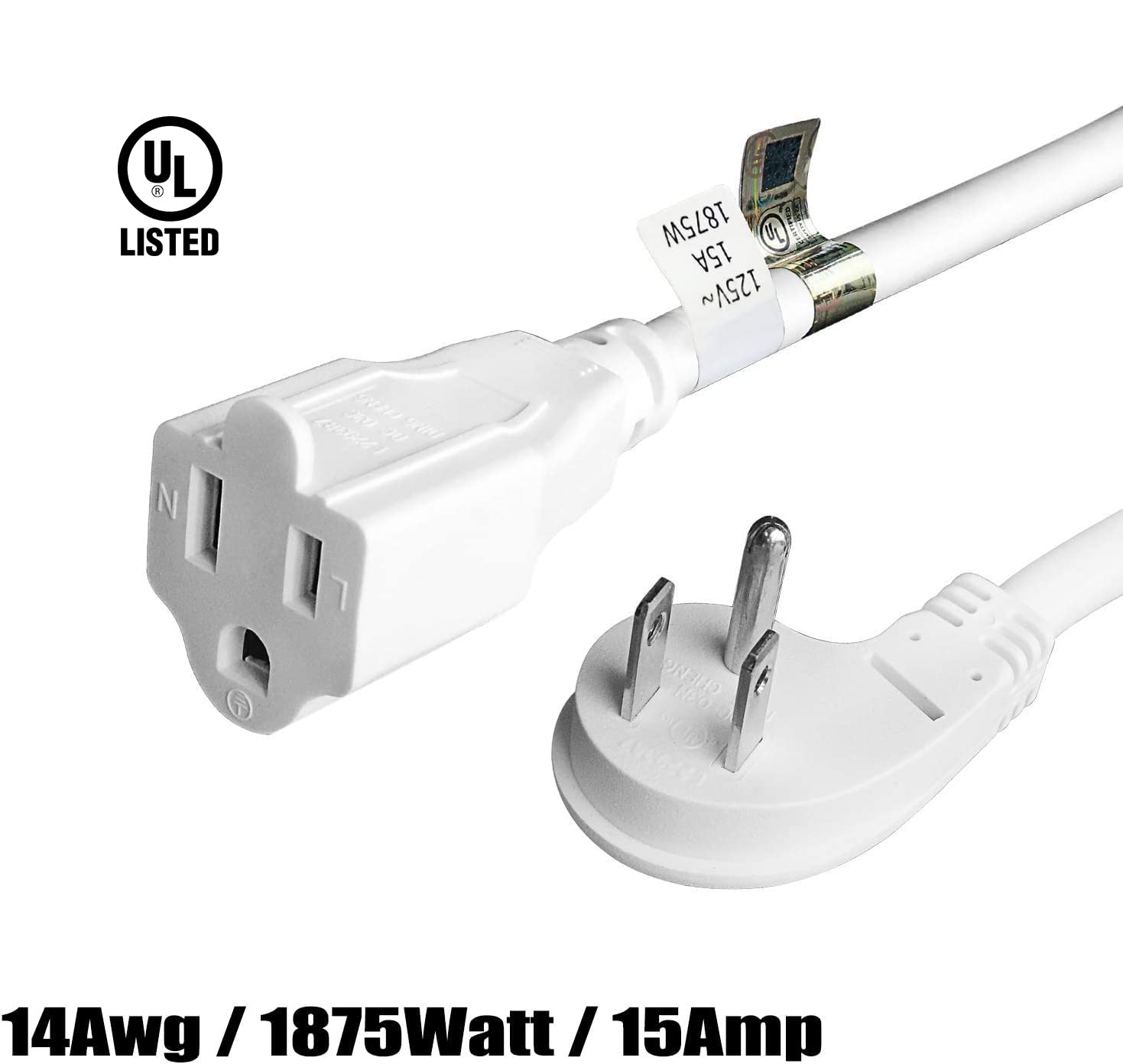 Firmerst 1875W 15A Extension Cord 2 Feet 14/3 Flat Plug White, Pack Of 2