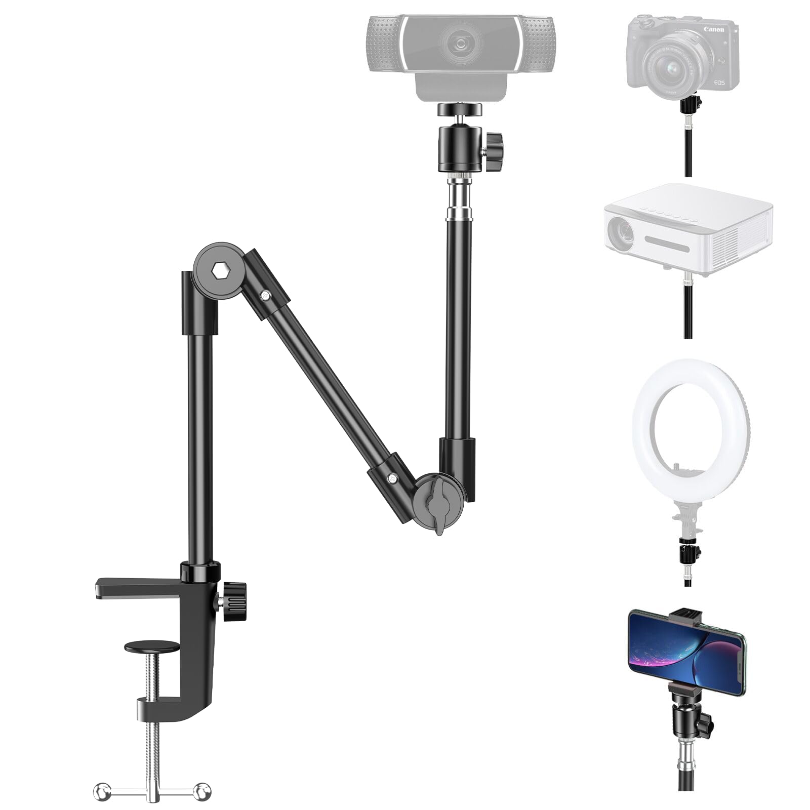 Kdd Webcam Stand Camera Mount With Phone Holder, 22 Inch Foldable Flexible Gooseneck Cell Phone Clamp & Table Projector Mount, For Logitech C922 C930E C920S C920 C960 Brio 4K, Gopro Hero 8 7 6 5