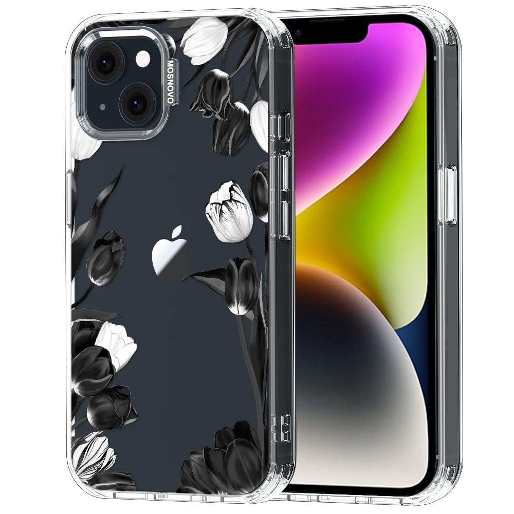 MOSNOVO for iPhone 13/14 Case | Military Grade 6.6ft Drop Tested | Clear with Black White Tulips Design