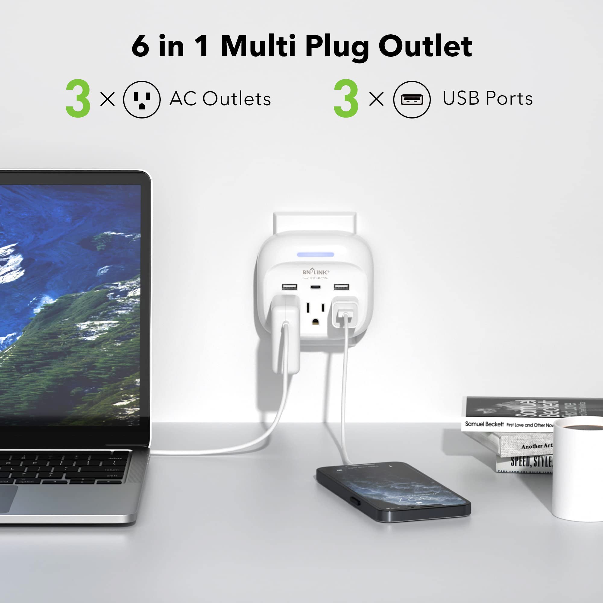 Bn Link Multi Plug Outlet Extender With 3 Outlets And 3 Usb Ports, 3 Ac Outlet Splitter With 3 Usb Ports (1 Usb C), Wall Charger Adapter For Dorm, School, Travel, Office, Home, Travel, 1 Pack