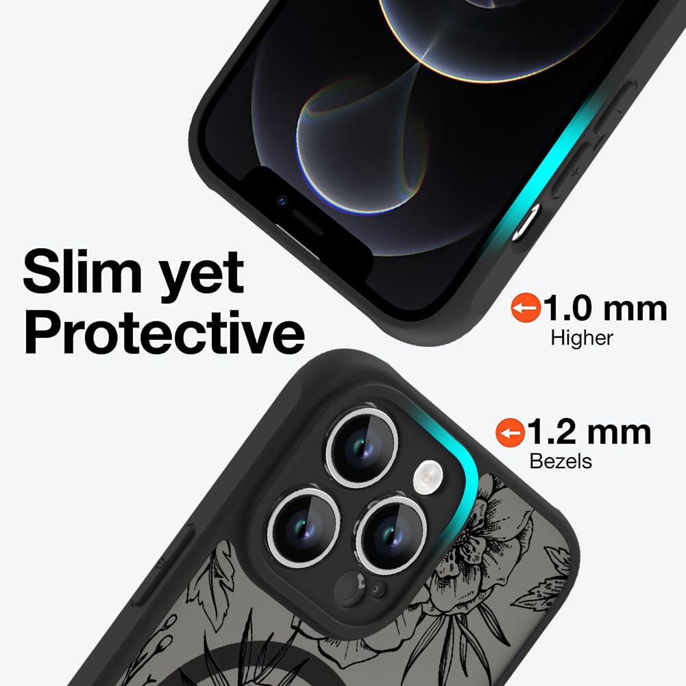 Ook Magnetic For Iphone 12 Pro Max Case Black Flower Floral Pattern [Compatible With Magsafe] Slim Translucent Matte Camera Lens