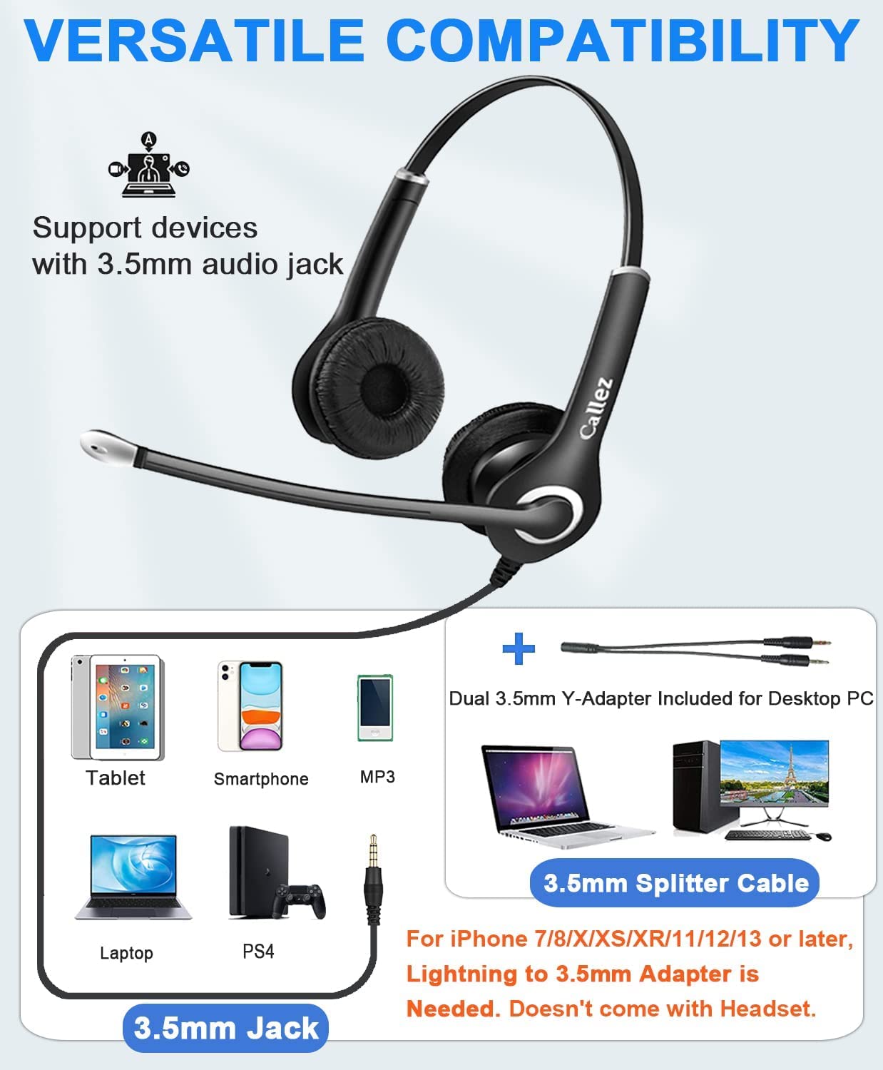 Callez 3.5Mm Cell Phone Headset With Microphone Noise Cancelling For Iphone Samsung Smartphones Tablets, Computer Headset For Laptop Pc Skype Call Center Office Classroom, Super Comfort, Clear Chat