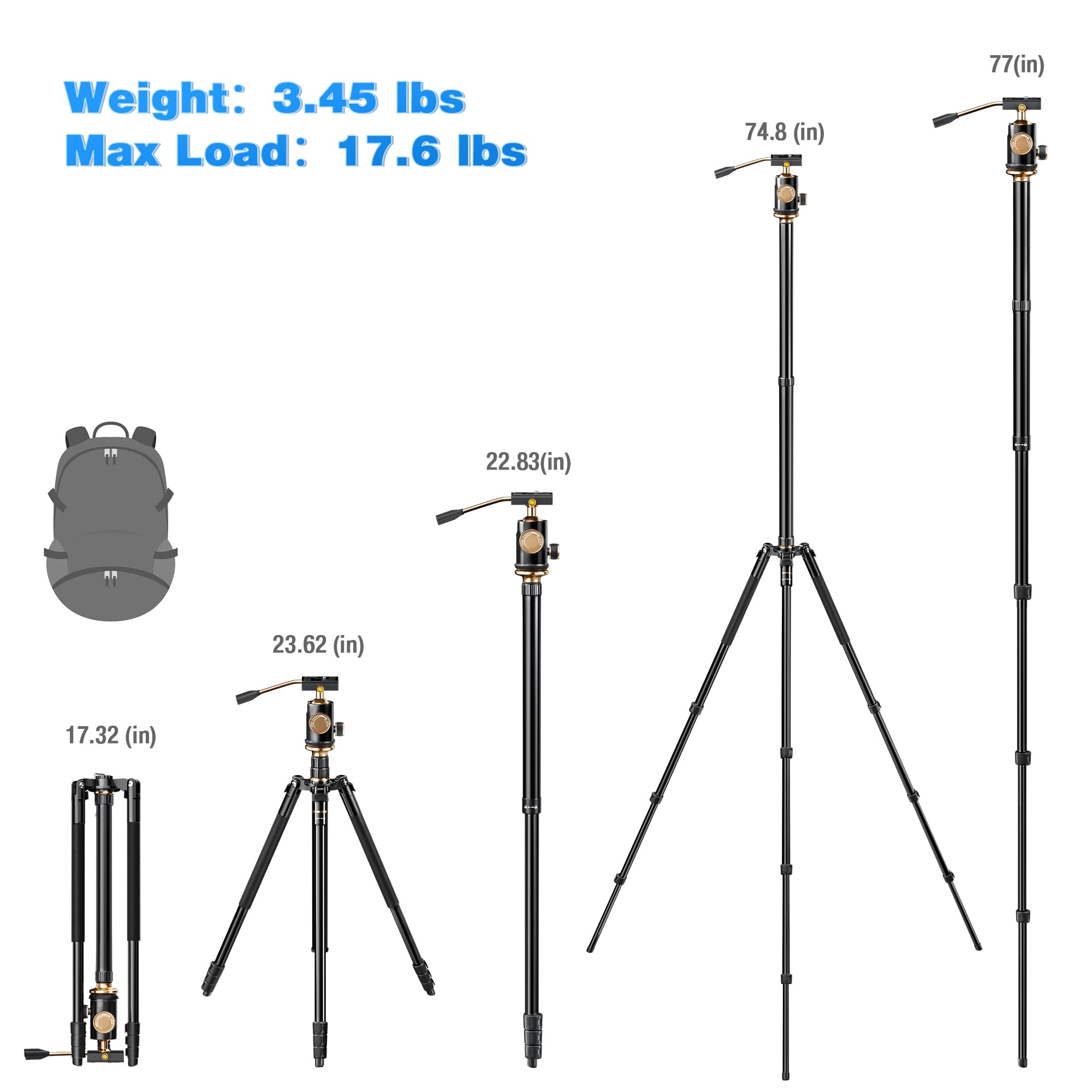 Yotilon Aluminum Camera Tripod & Monopod With Removable Handle And 360 Ball Head, 77.2   Max Height, 17.6Lb Load Capacity, Sil