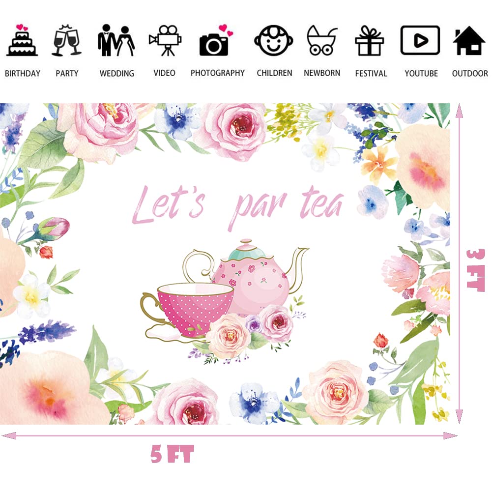 Let'S Par Tea Photography Backdrop 5X3Ft Tea Time Photo Background Teapot Teacups High Tea Theme Bridal Shower Engagement Bachelorette Baby Shower Party Supplies Photo Studio Props Decorations Banner