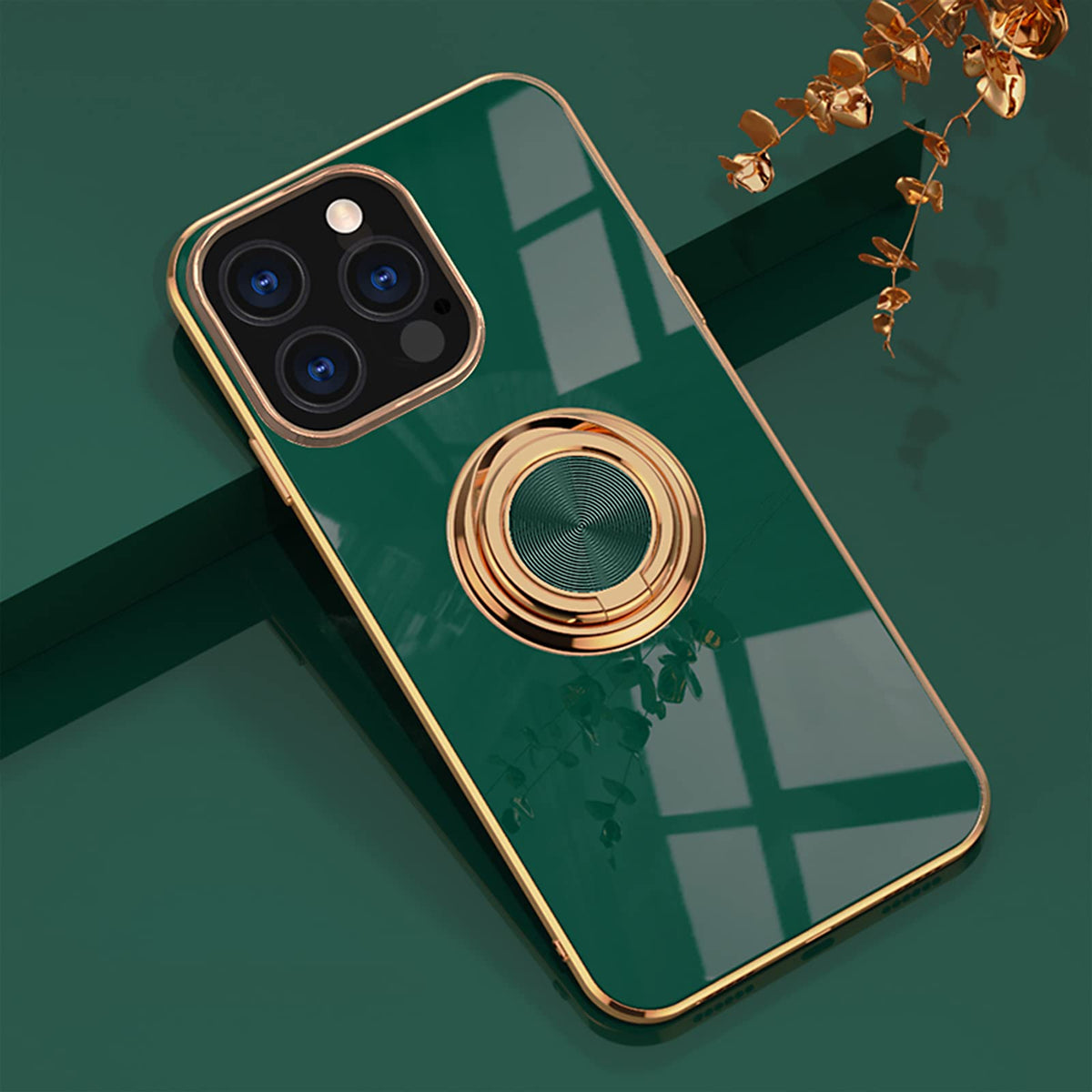 Aowner Compatible With Iphone 13 Pro Max Ring Holder Stand Case Glitter Plating Rose Gold Edge 360 Rotation Kickstand For Women